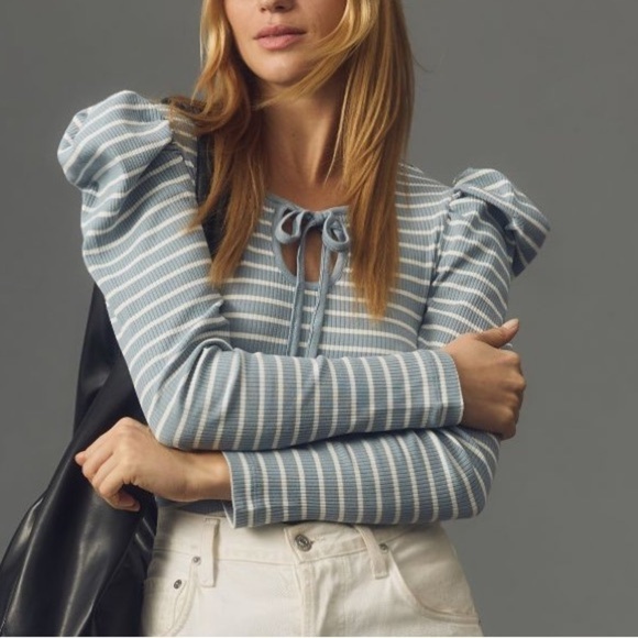 ANTHROPOLOGIE | PORRIDGE M Puff-Sleeve Tie-Front Top Sky - Picture 3 of 3